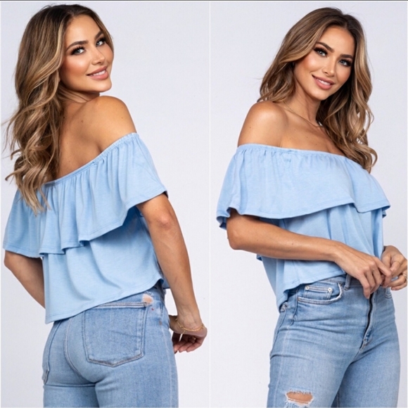 Beautiful Blue off shoulder ruffle semi cropped top - Picture 2 of 3